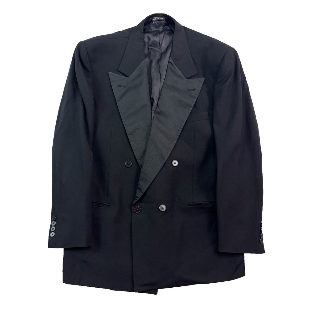 vtg 90s‎ Joseph Abboud 40R Double Breasted Black Tuxedo Jacket Wool Satin USA